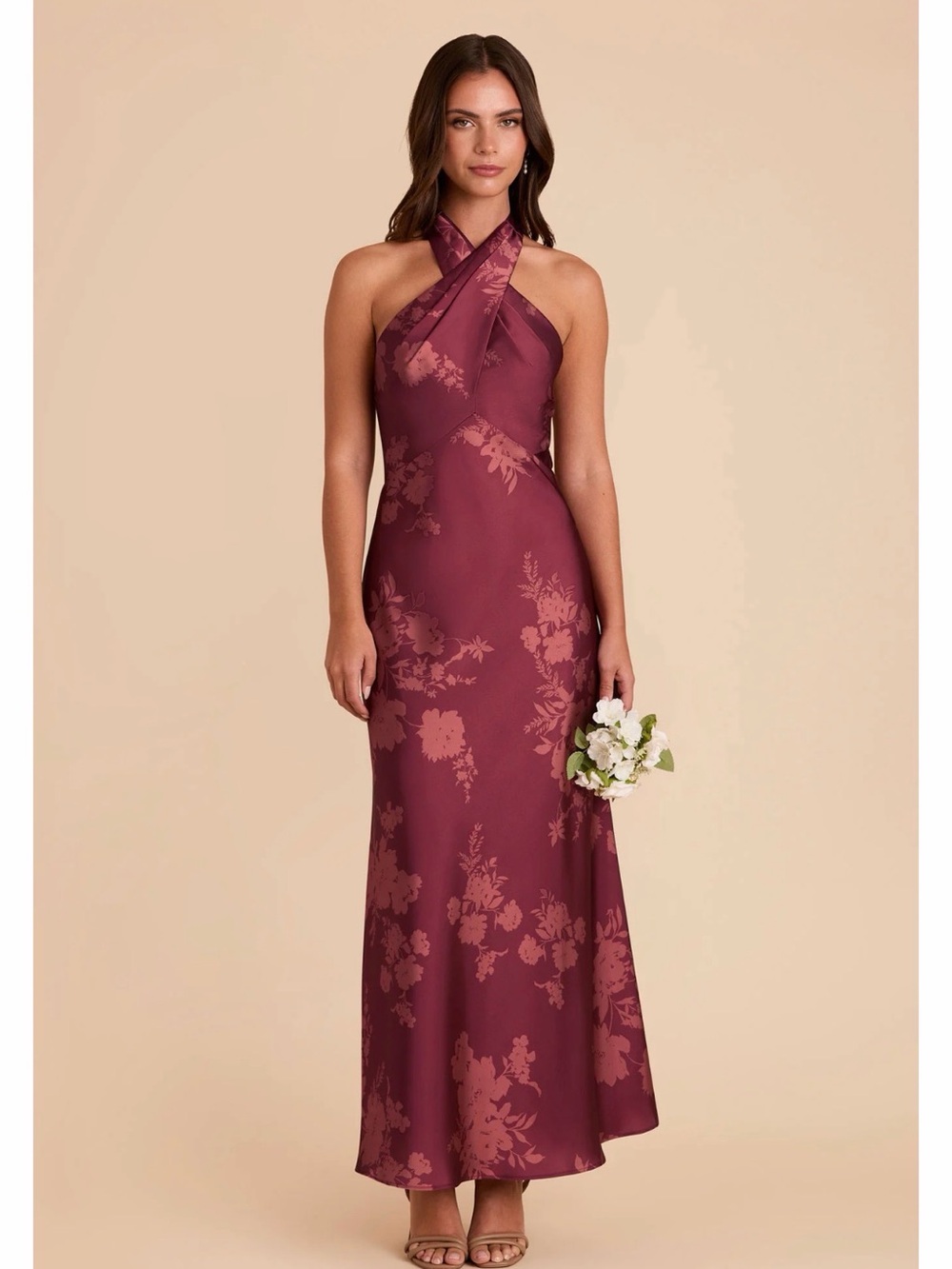 Birdy Grey Monique Matte Satin Halter Dress - Sangria Whimsical Bloom Size M